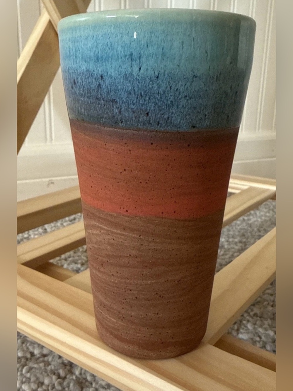 HANDMADE: Studio pottery Brian Wolbert Tumbler in Blue Swirl clay Coral & Brown